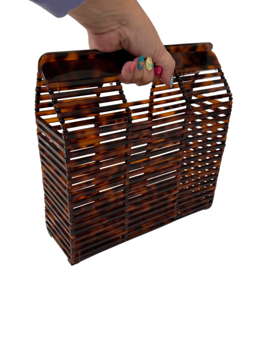 Vacation Resort Statement Tortoiseshell Slatted Acrylic Handbag Tote - Picture 3 of 8